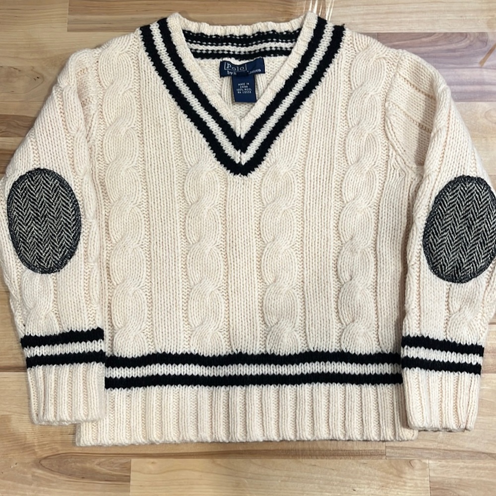 EUC Polo by Ralph Lauren wool cable knit Cricket sweater elbow patch size 5